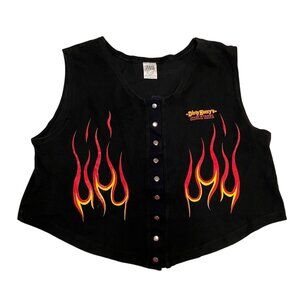Vintage Dirty Harrys Daytona Beach Flame Button Front Vest Size XL Black Cropped